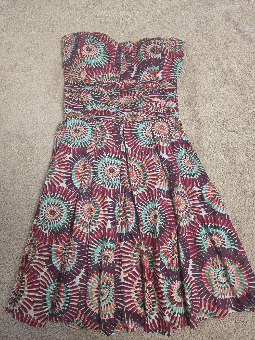 Strapless Floral Print A-Line Dress in Burgundy and Teal